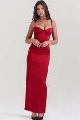 Seidiges Satin-Maxikleid mit Herzausschnitt und Spaghettiträgern und geteiltem Korsett - Rot